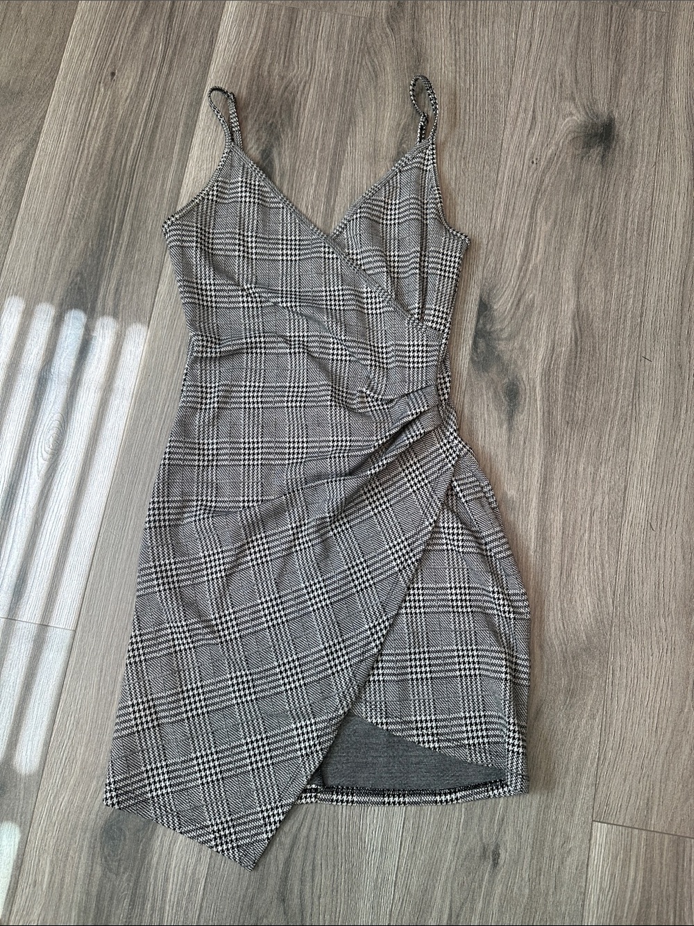 Gray Plaid Wrap Mini Dress with Spaghetti Straps